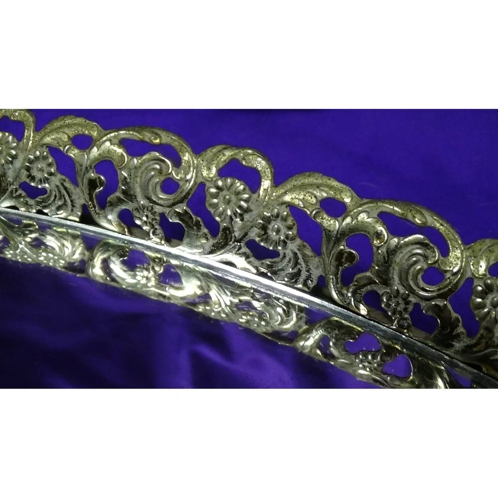 Vanity Tray Mirror Vintage Oval Dresser Gold Filigree Hollywood Regency #183